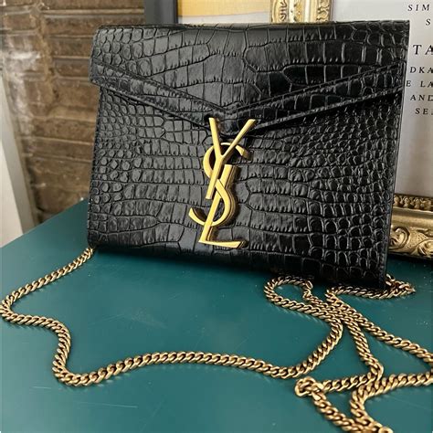 YSL Green Embossed Crocodile Cassandra Chain Ba .